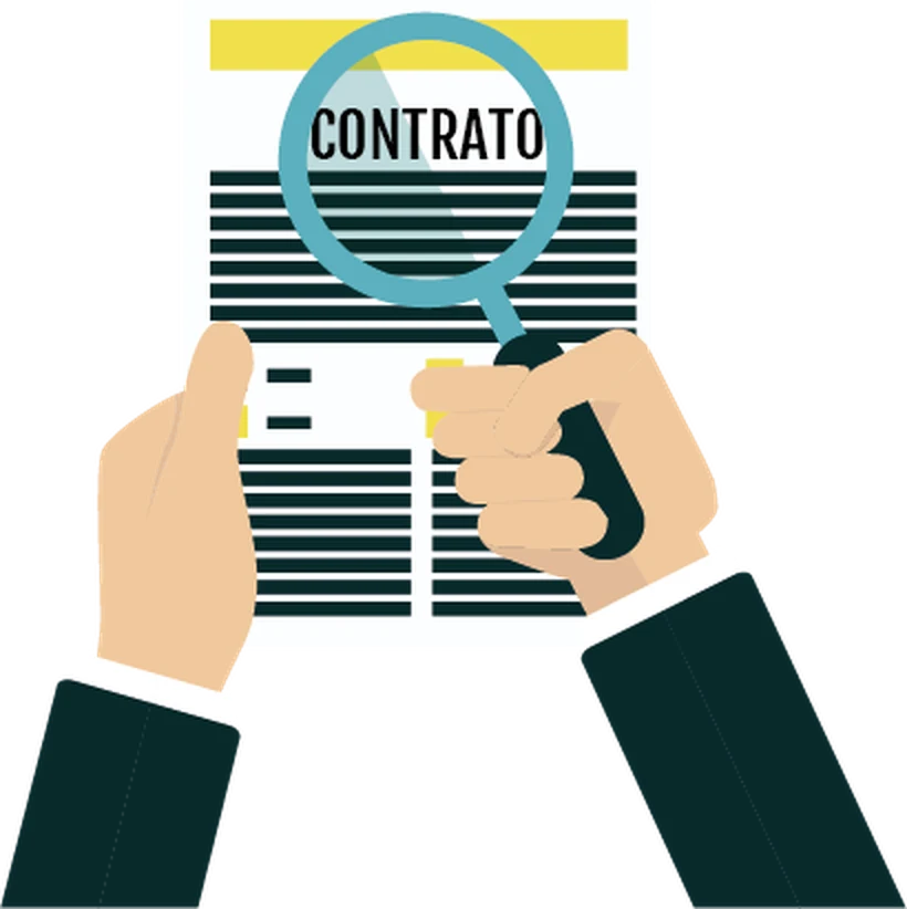 Ilustración: revisión de un contrato con lupa